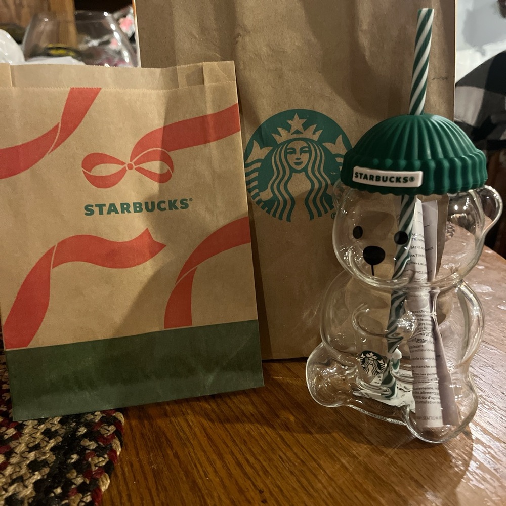 Starbucks Bear Glass with Green Top and Straw